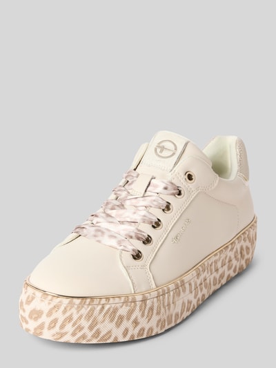 Produktfoto, Low Top Sneaker mit Schnürung von Tamaris in Optik: Unifarben, Animal-Print, schimmernd, runde Schuhspitze, Plateau, strukturierte Sohle, Label-Applikation, Logo-Stitching, Schnürung.