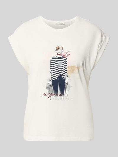 Produktfoto, T-Shirt mit fixierten Ärmelumschlägen von Christian Berg Woman aus reiner Baumwolle, gerader Schnitt, Rundhalsausschnitt, weiß mit Print, Damen T-Shirt, Rückenlänge S 58 cm