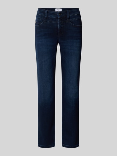 Produktfoto, Slim Fit Jeans aus viscosemix Model 'Posh' van Cambio, dames jeans met 5-pocketmodel, knoop- en ritssluiting, bandwijdte maat 36: 39 cm, binnenbeenlengte maat 36: 72 cm, donkerblauw met lichte faded details, gladde textuur