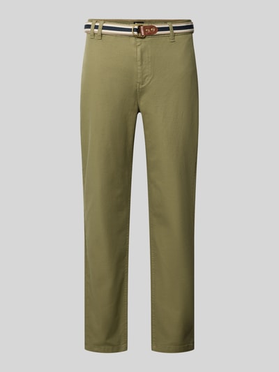 Produktfoto, Chino mit Gürtel und Eingrifftaschen Modell 'WARREN' von Scotch & Soda in Khaki, Baumwoll-Mix mit Stretch-Anteil, Straight Fit, Knopf- und Reißverschluss, seitliche Eingrifftaschen, Gesäßtaschen, Bundweite 44 cm, Innenbeinlänge 77 cm, Gürtel mit Doppel-D-Schnalle.