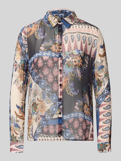 Productfoto, Regular Fit Hemdbluse aus reiner Viskose van Milano Italy, dames hemdblouse met print in blauw, roze en beige, lange mouwen, knopenrij, hemdkraag, viscose, ruglengte 61 cm, mouwlengte 61 cm