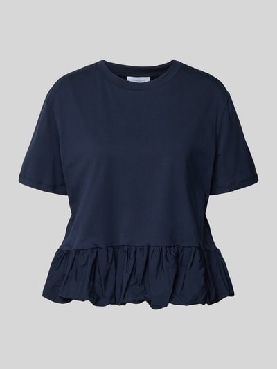 Produktfoto, T-Shirt mit Rundhalsausschnitt von Rich & Royal, bawełna, krój relaxed fit, krótki rękaw, długość tyłu w rozmiarze S: 59 cm, ciemnoniebieski, gładka faktura, falbana na dole