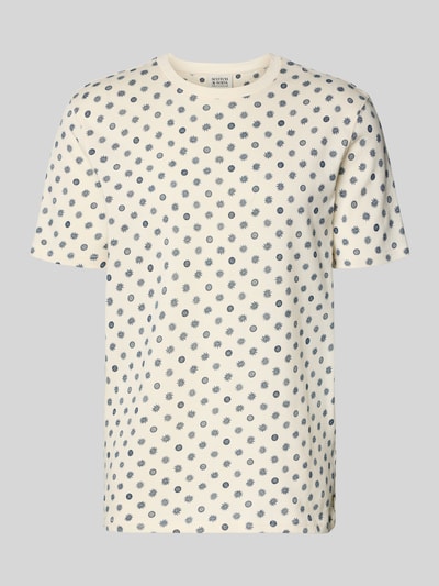 Produktfoto, T-Shirt im Allover-Look mit Rundhalsausschnitt von Scotch & Soda, Herren T-Shirt aus reiner Baumwolle, Regular-Fit, weiße Grundfarbe mit blauem Muster, Rückenlänge 71 cm bei Größe M