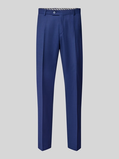 Produktfoto, Straight Fit Hose aus Schurwoll-Mix von bugatti in Blau, elastisches Material, Bundfalten, Gesäßtaschen, Knopf- und Reißverschluss.