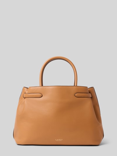 Produktfoto, Satchel Bag mit Tragehenkel von Lauren Ralph Lauren aus Rindsleder, Hauptfach mit Reißverschluss, Breite 30 cm, Länge 25 cm, Tiefe 14 cm, abnehmbarer Schulterriemen, glatte, braune Oberfläche, klare Linien