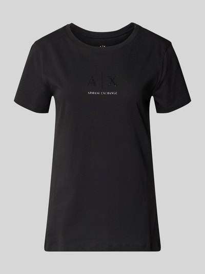Productfoto, T-Shirt met ronde hals en logo van ARMANI EXCHANGE, pure katoen, regular fit, zwarte kleur, ruglengte maat S: 62 cm.