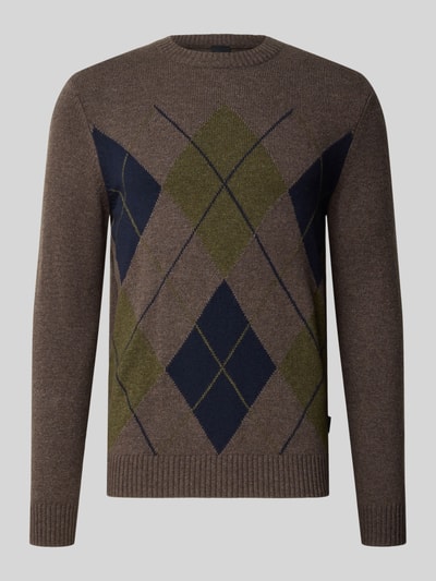 Produktfoto, Regular Fit Strickpullover aus Woll-Mix mit Karo-Muster von bugatti, braune, grüne und blaue Töne, elastische Abschlüsse