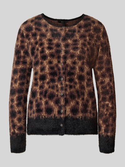 Produktfoto, Regular Fit Cardigan mit Viskose-Anteil von zero, braun-schwarzes Leopardenmuster, Rundhalsausschnitt, Knopfleiste, Material-Mix
