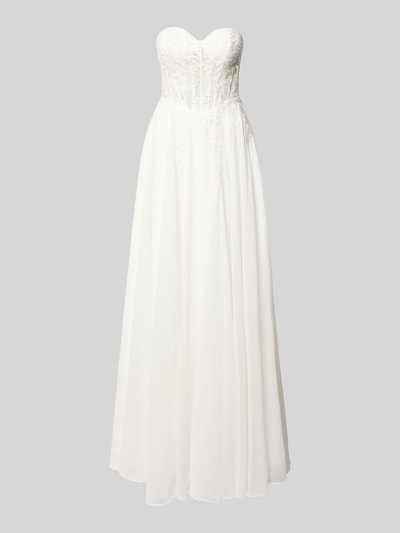 Produktfoto, Corsagenkleid im Off-Shoulder-Look von Luxuar, weißer Chiffon, taillierter Schnitt, Maxikleid, Stitchings, długość tyłu w rozmiarze 36: 134 cm, szerokość w rozmiarze 36: 37 cm
