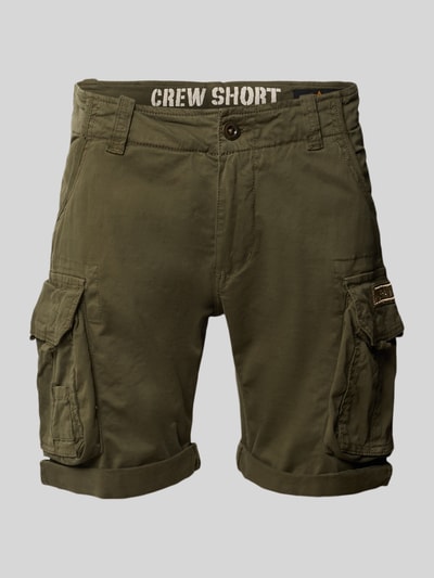 Produktfoto, Shorts mit Cargotaschen Modell 'CREW SHORT' von Alpha Industries, olivgrüner Baumwoll-Elasthan-Mix, Regular-Fit, Herren, sichtbare Bundweite, Cargotaschen, robuste Textur, Kontext: Herren Shorts, Bundweite bei Größe 32: 44 cm, Innenbeinlänge bei Größe 32: 22 cm.