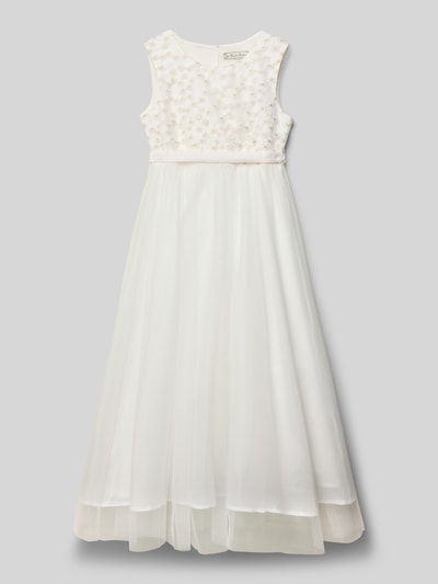Produktfoto, Regular Fit Sukienka z kwiatowym detalem od Une Hautre Couture, mieszanka bawełny, okrągły dekolt, bez rękawów, ozdobna kokarda, listwa guzikowa, halka, długość tyłu 102 cm dla rozmiaru 134, biała, tekstura zwiewna i gładka