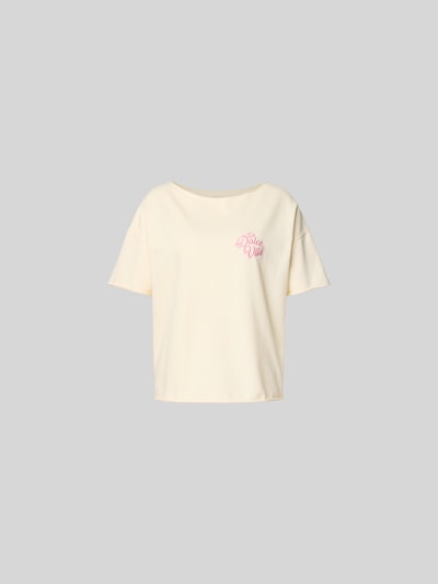 Produktfoto, hellgelbes Damen T-Shirt mit rosa Statement-Stitching von Juvia, Baumwoll-Mix, Relaxed-Fit, Rundhalsausschnitt, kurzärmelig, Rückenlänge 57 cm bei Größe S