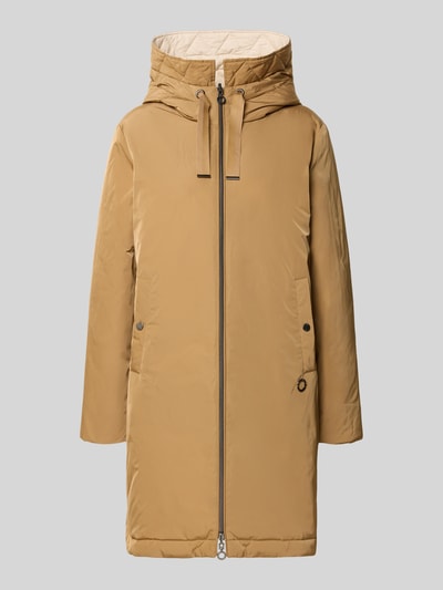 Produktfoto, Jacke mit Zweiwege-Reißverschluss und Eingrifftaschen von FUCHS SCHMITT, krój slim fit, kaptur z tunelem, zamek błyskawiczny dwustronny, wpuszczane kieszenie z zapięciem na guzik, detal z logo, Długość tyłu w rozmiarze 36: 90 cm, Szerokość ramion w rozmiarze 36: 45 cm, Szerokość klatki piersiowej w rozmiarze 36: 55 cm, Długość rękawów w rozmiarze 36: 63 cm, kolor jasnobrązowy, gładka faktura