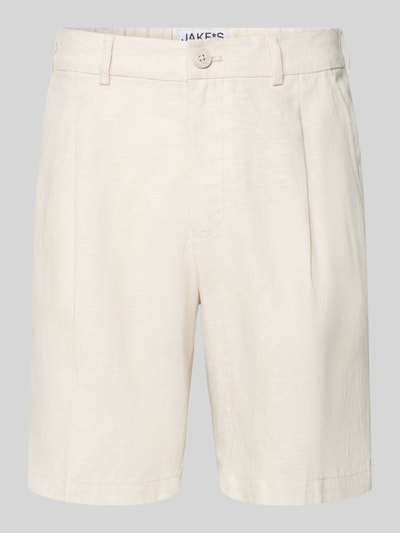 Produktfoto, Bermudas aus reinem Leinen von JAKE*S STUDIO MEN in Beige, lockere Passform, Knopf-Reißverschluss, teilelastischer Bund, Eingriff- und Gesäßtaschen, Gürtelschlaufen, Kellerfalten, glatte Leinenstruktur, Bundweite Größe M 45 cm, Innenbeinlänge 24 cm.