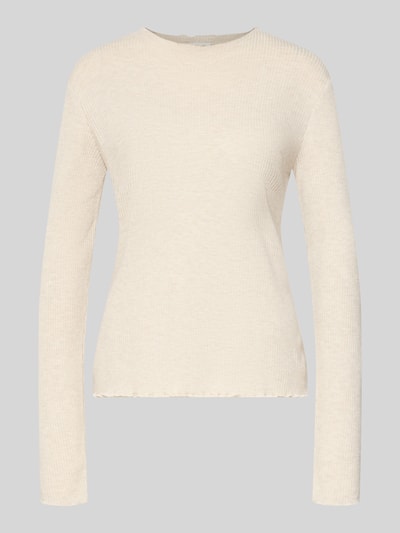 Produktfoto, Slim Fit Langarmshirt mit Viskose-Anteil von s.Oliver RED LABEL, kolor jednolity, krój slim fit, prążkowana struktura, wysoki dekolt, długie rękawy z falbanką, wykończenie falbanką, aplikacja z logo