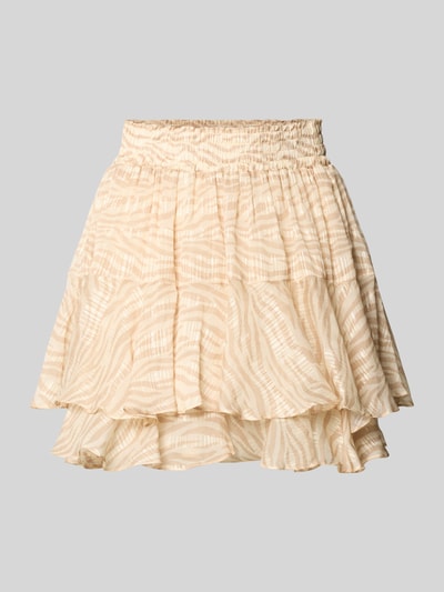 Produktfoto, Minirock mit Seiden-Anteil und Volantsaum Modell 'EIVISSA' von MC2 Saint Barth, A-Linie, Viskose-Mix, elastischer Bund, heller Beige-Ton, zarte Linienstruktur, luftiger Stoff, detailreiche Textur, angesetzter Volantsaum.