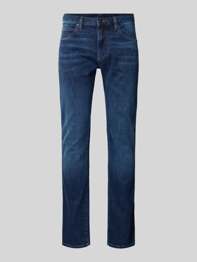 Produktfoto, Jeans mit Eingrifftaschen von Emporio Armani aus Baumwoll-Elasthan-Mix in Dunkelblau, Slim Fit, mit Knopf- und Reißverschluss.