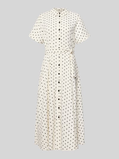 Produktfoto, Hemdblusenkleid mit Bindegürtel Modell 'BlakeLL' von LOLLYS LAUNDRY, weiß mit schwarzen Punkten, taillierter Schnitt, Midikleid, Hemdblusenkragen, Knopfleiste, Ärmel mit Aufschlag, Rückenlänge 122 cm, Brustweite 50 cm, Ärmellänge 21 cm, glatte Struktur.