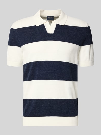 Produktfoto, Slim Fit Poloshirt aus Baumwoll-Mix in Strick-Optik von OLYMP Level Five, białe i granatowe szerokie pasy, krótki rękaw, krój slim fit, kołnierzyk typu kent z dekoltem w serek, elastyczne ściągacze, kontekst: męska koszulka polo, bawełniany miks, długość tyłu w rozmiarze M: 68 cm.