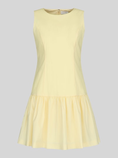 Produktfoto, Cocktailkleid mit Rundhalsausschnitt von Jake*s Cocktail in hellem Gelb, A-Linie, Baumwoll-Mix mit Stretch-Anteil, Minilänge, glatte Oberseite und weit schwingender Rock, strukturierte Textur, geeignet als Damen Cocktailkleid.