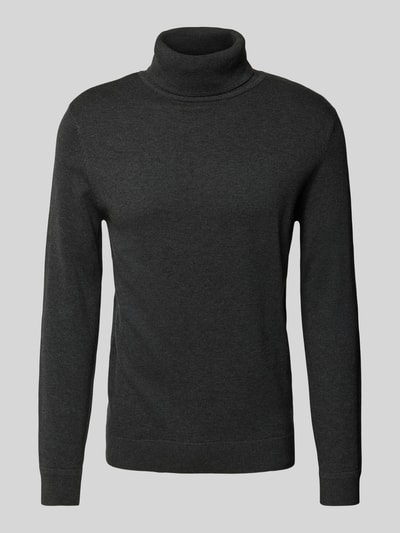 Tom Tailor Regular Fit Rollkragenpullover aus reiner Baumwolle mit Logo-Stitching Anthrazit 1