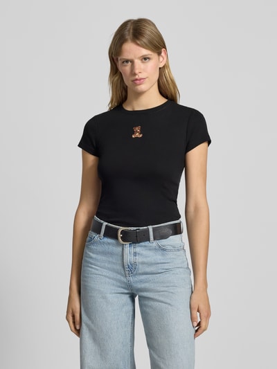 Review T-shirt met motiefstitching en ronde hals Zwart - 4