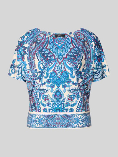 Produktfoto, T-Shirt mit Allover-Look von Oui, niebieski wzór paisley, materiał z domieszką stretchu, krój regular fit, dekolt okrągły, długość tyłu w rozmiarze 36: 50 cm, długość rękawa w rozmiarze 36: 19 cm
