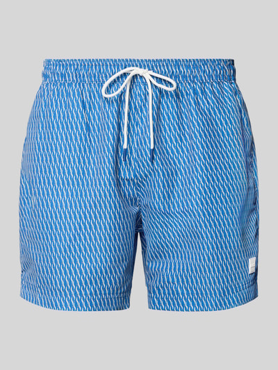 Productfoto, Badehose met allover-patroon model 'VIBE' van BOSS in blauw, elastische tailleband, tunnelkoord, label patch, zij- en achterzak.