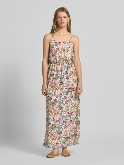 Frauenmodel trägt Maxikleid aus Crêpe Modell 'WINNER LIFE' von Only mit florales-Allover-Muster, tailliert, Rundhals, verstellbare Spaghettiträger, elastisches Taillenband, Materialverarbeitung: Crêpe, Maxi-Länge, Optik:Allover-Muster, Ganzkörperansicht von vorne.