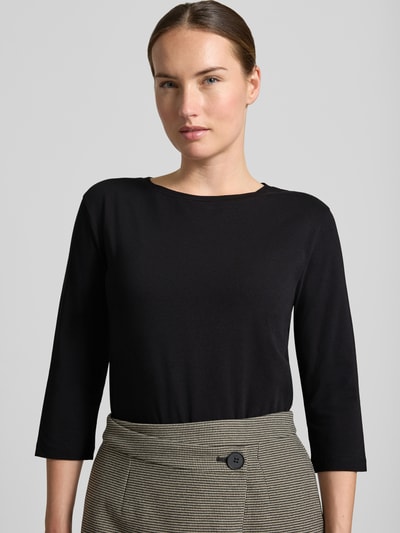 Vrouwenmodel draagt effen zwart 3/4-shirt van mix van modal en katoen Regular Fit 3/4-Shirt uit de collectie Weekend Max Mara, Nahaufnahme Oberkörper