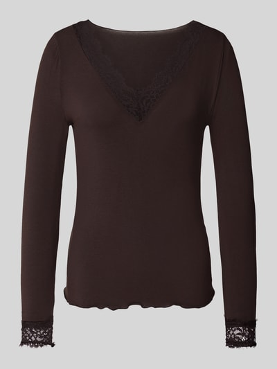 Produktfoto, donkerbruin shirt met lange mouwen, kanten details aan V-hals en mouwen, Slim Fit Langarmshirt aus Modal-Mix mit Woll-Anteil Modell 'SKYE' van VERO MODA, Dames Langarmshirt