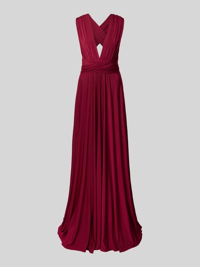 Produktfoto, Maxikleid mit tiefem V-Ausschnitt von Rose Avenue, taillierter Schnitt, gekreuzte Träger, Taillenband, Rückenlänge 135 cm, weicher bordeauxroter Stoff, fließende Form