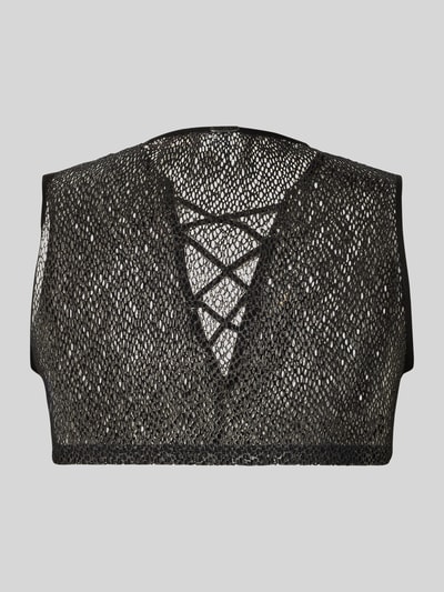 Männermodel trägt semitransparente Brassière Modell 'Night Universe' von WOH, schwarzer Stretch-Material-Mix, Ganzkörperansicht Rückansicht.