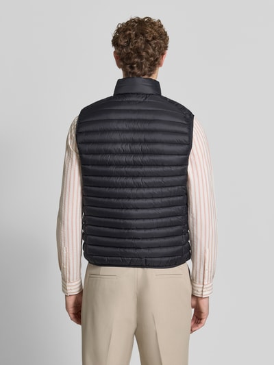 Männermodel trägt schwarze Steppweste mit Zweiwege-Reißverschluss Modell 'ADAM' von Save The Duck, Rückenansicht, Ganzkörperansicht Rückansicht, Regular Fit, Stehkragen, strukturierte Oberfläche, dezente Streifen.
