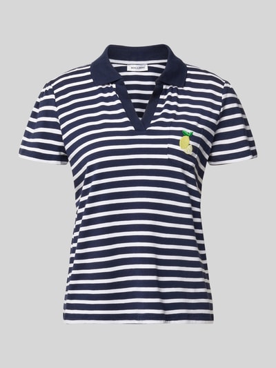 Produktfoto, Regular Fit Poloshirt mit Brusttasche und Motiv-Stitching von More & More im marine-weiß gestreiften Design, Baumwoll-Modal-Mix mit Stretch-Anteil, V-Ausschnitt, Polokragen, Rückenlänge 60 cm in Größe 36.