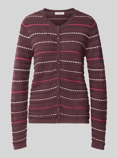Produktfoto, Cardigan aus reiner Baumwolle von Christian Berg Woman, braun mit roten und weißen Streifen, strukturierte Textur, eng anliegende Passform, Rundhalsausschnitt und durchgängige Knopfleiste, Rückenlänge 62 cm, Ärmellänge 72 cm