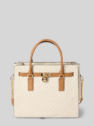 Produktfoto, Satchel Bag mit Tragehenkel Modell 'HAMILTON' von MICHAEL Michael Kors in Beige und Braun, Label-Detail, Hauptfach mit Reißverschluss, Schulterriemen, Innenfach mit Reißverschluss, Breite 37 cm, Länge 32 cm, Tiefe 12 cm, Schulterriemen 46 cm.