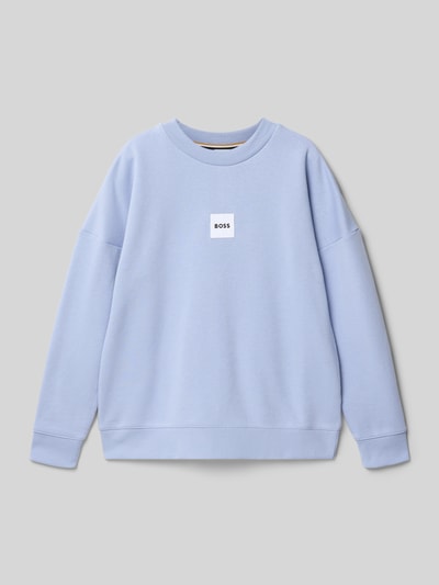 Produktfoto, Regular Fit Sweatshirt aus Baumwoll-Mix von Boss in Hellblau, unifarben mit Label Patch, Crew Neck, langarm, glatte Struktur.
