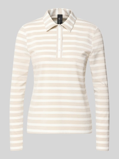 Produktfoto, Longsleeve im Allover-Look mit Polokragen und Knopfleiste von Marc Cain für Damen, Material-Mix mit Stretch-Anteil, Regular-Fit, schimmernd, cremefarbene und beige Streifen, Rückenlänge bei Größe 36: 58 cm.