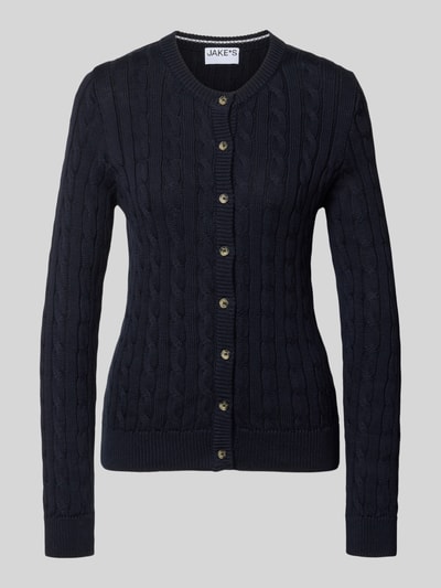 Produktfoto, Strickjacke mit Zopfmuster und Rundhalsausschnitt von Jake*s Casual aus puur katoen in navy met kabelpatroon, slim fit, ruglengte 58 cm, mouwlengte 70 cm