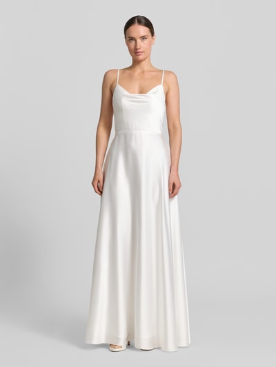Frauenmodel trägt Abendkleid mit Spaghettiträgern von Laona in A-Linie als Maxikleid; glatter Stoff, Rückenreißverschluss, Ganzkörperansicht von vorne. Rückenlänge bei Größe 36: 111 cm, Brustweite 41 cm, Oberteil zum Binden.