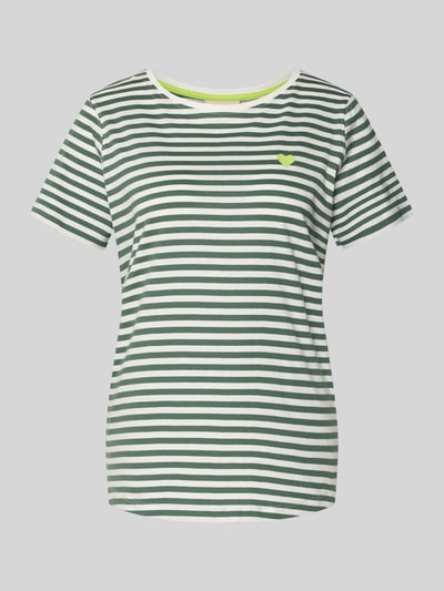 Produktfoto, T-Shirt mit Motiv-Stitching und Rundhalsausschnitt von FREE/QUENT, grün-weiß gestreift, reine Baumwolle, gerader Schnitt, Modell 'Mian', abgerundeter Saum, dezentes Motiv auf der Brust