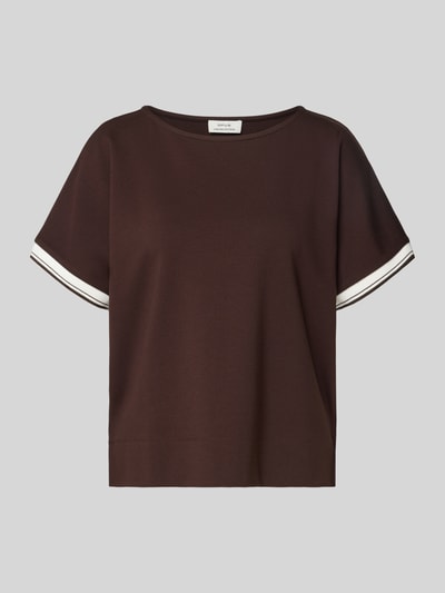 Produktfoto, damski t-shirt z mieszanki wiskozy z dodatkiem streczu, krój relaxed fit, okrągły dekolt, paski w kontrastowym kolorze, model 'Giprep' od OPUS