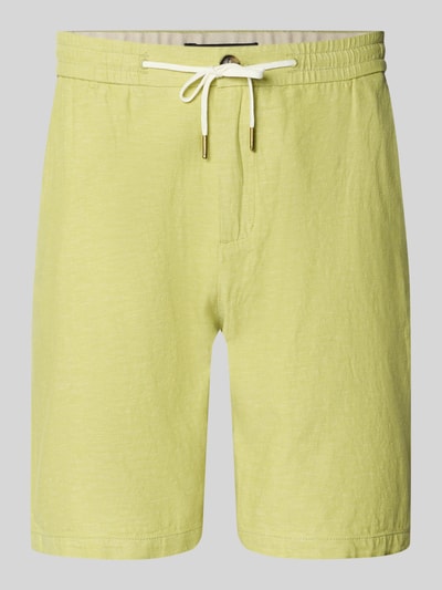 Produktfoto, szorty z mieszanki bawełny i lnu o kroju regular fit Scotch & Soda, elastyczny pas z tunelem, szerokość w rozmiarze 32: 43 cm, długość wewnętrzna nogawki w rozmiarze 32: 20 cm, kolor jasnożółty, widoczna delikatna tekstura materiału
