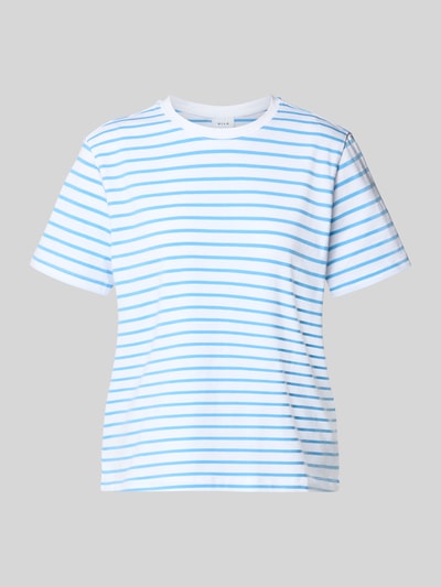 Produktfoto, t-shirt damski T-Shirt mit Rundhalsausschnitt Modell 'NORA' od Vila, mieszanka bawełny z dodatkiem streczu, prosty krój, okrągły dekolt, długość tyłu w rozmiarze S: 57 cm, białe i jasnoniebieskie paski, gładka tekstura