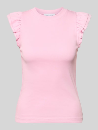 Produktfoto, Slim Fit Top mit Rüschenbesatz von Rich & Royal in Rosa, Baumwoll-Mix, Rundhalsausschnitt, Ärmelloses-Design, feine Rippstruktur.