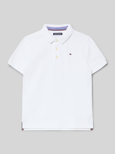 Produktfoto, Koszulka polo z logo-stickerei od Tommy Hilfiger, mieszanka bawełny i elastanu, prosty krój, biała pika, prążkowany kołnierzyk polo, krótka listwa guzikowa, prążkowane zakończenia rękawów, boczne rozcięcia, wyhaftowane logo, długość tyłu 63 cm dla rozmiaru 14.