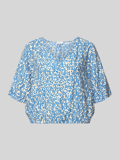 Produktfoto, Relaxed Fit Blusentop aus Viskose-Mix von s.Oliver RED LABEL mit floralem Allover-Muster in Blau auf weißem Satin-Hintergrund, Raffung, kurzarm