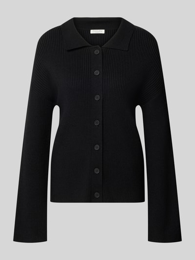 Produktfoto, Cardigan aus Viskose-Mix mit Polokragen von Christian Berg Woman, schwarze Ripp-Optik, Knopfleiste, Regular Fit, Damenmode