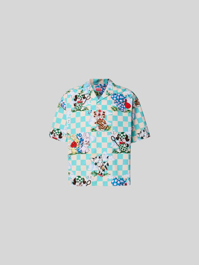 Produktfoto, Freizeithemd mit Allover-Motiv-Print von Kenzo, Reine Baumwolle, Relaxed-Fit, türkis-weiß kariert, Multicolor-Muster, Reverskragen, kurzärmelig, Rückenlänge 74 cm, Schulterbreite 56 cm, Ärmellänge 28 cm Größe M